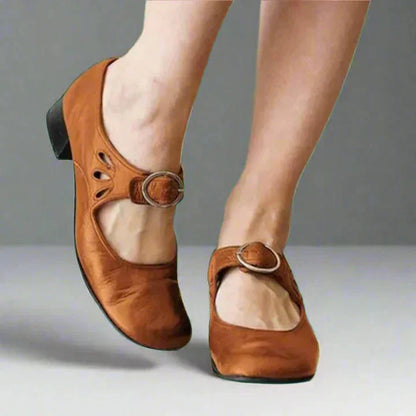 Women's comfort adjustable leather cut-out sandals with Mary-Jane buckle strap – Reddish Brown