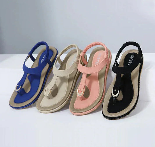 Women's comfort arch-support flat T-strap sandals with elastic ankle strap