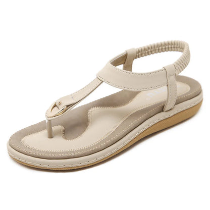 Women's comfort arch-support flat T-strap sandals with elastic ankle strap – Beige