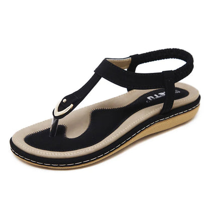 Women's comfort arch-support flat T-strap sandals with elastic ankle strap – Black