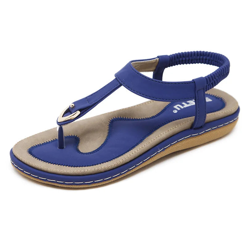 Women's comfort arch-support flat T-strap sandals with elastic ankle strap – Blue