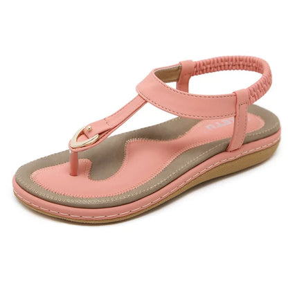 Women's comfort arch-support flat T-strap sandals with elastic ankle strap – Pink