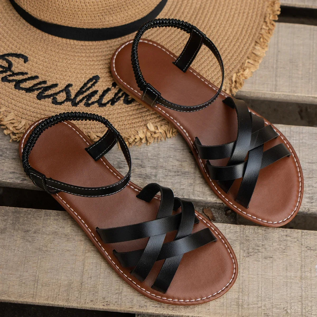 Women's comfort criss-cross sandals with adjustable ankle strap – Black