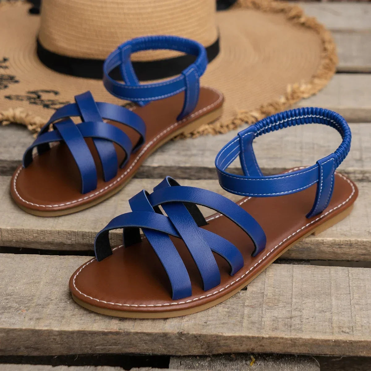 Women's comfort criss-cross sandals with adjustable ankle strap – Blue