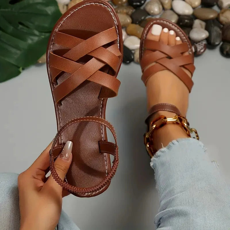 Women's comfort criss-cross sandals with adjustable ankle strap – Brown