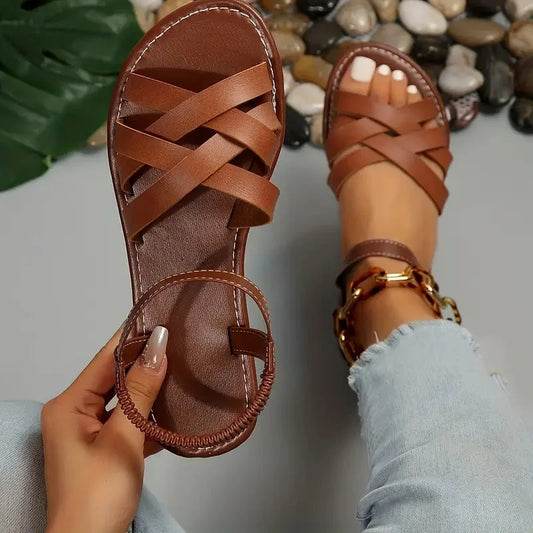 Women's comfort criss-cross sandals with adjustable ankle strap – Brown