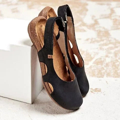 Women's comfort cushioned closed-toe slingback sandals with cut-out sides – Black