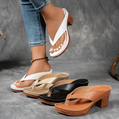 Women's comfort faux-leather platform thong sandals with block-heel