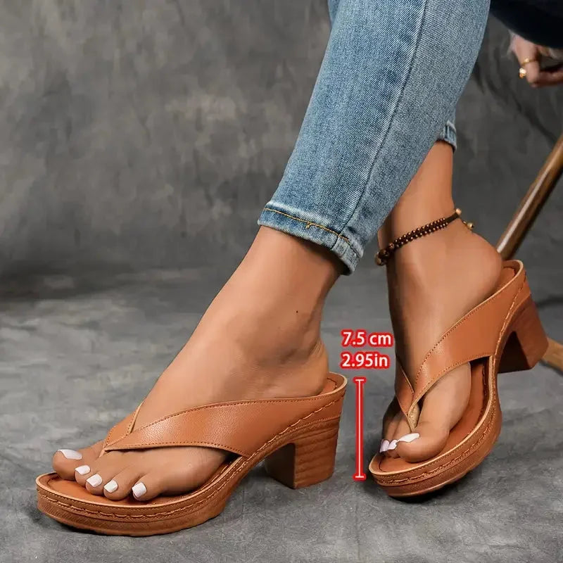 Women's comfort faux-leather platform thong sandals with block-heel