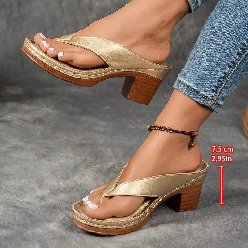 Women's comfort faux-leather platform thong sandals with block-heel