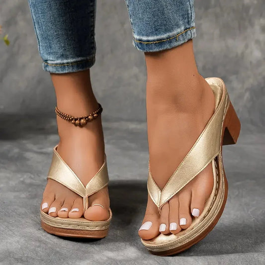 Women's comfort faux-leather platform thong sandals with block-heel