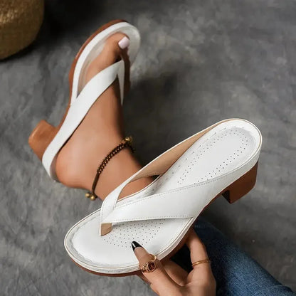 Women's comfort faux-leather platform thong sandals with block-heel – White