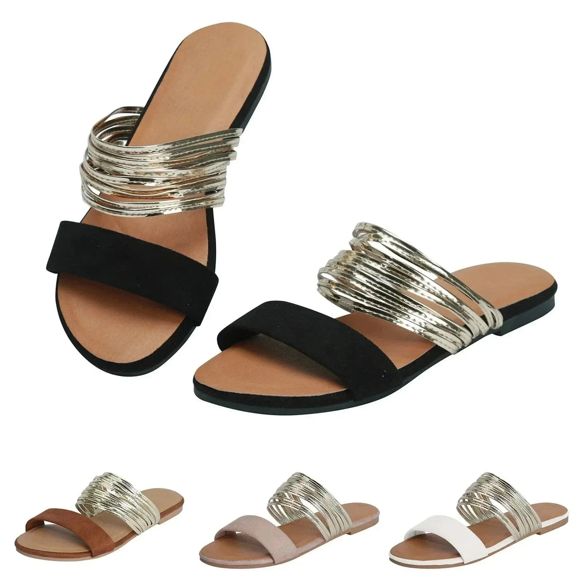 Women's comfort flat multi-strap metallic slide sandals with wide toe band