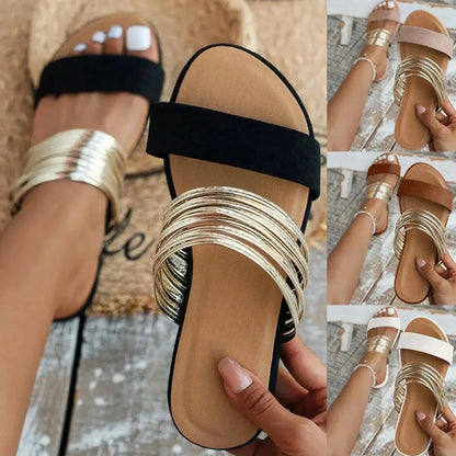 Women's comfort flat multi-strap metallic slide sandals with wide toe band