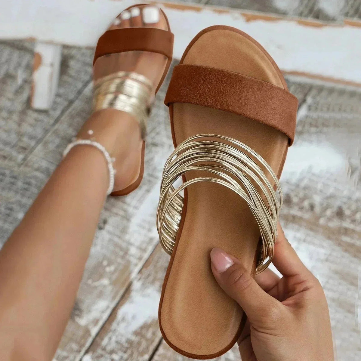 Women's comfort flat multi-strap metallic slide sandals with wide toe band – Chestnut Brown