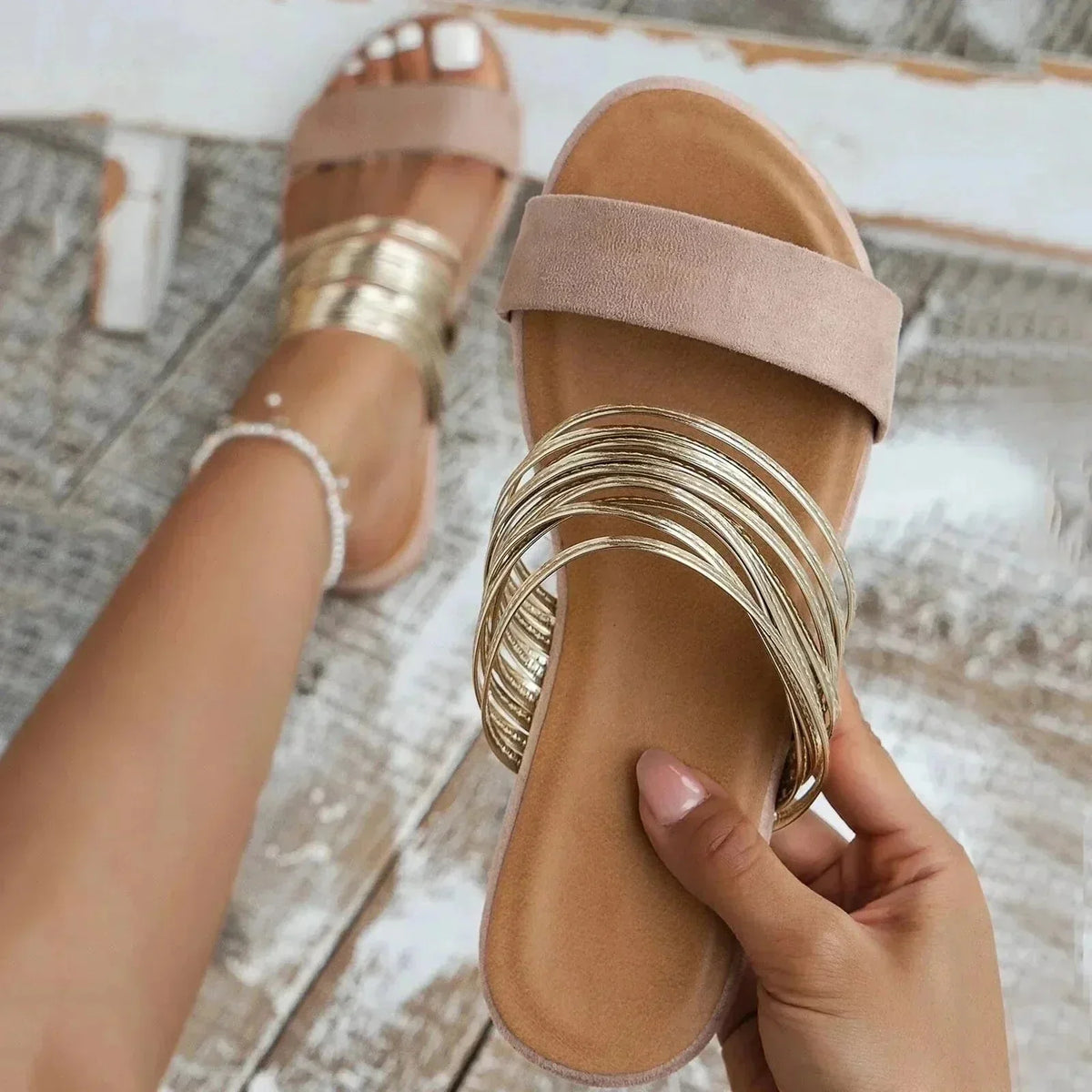 Women's comfort flat multi-strap metallic slide sandals with wide toe band