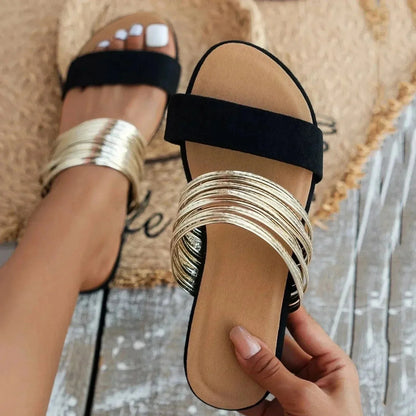 Women's comfort flat multi-strap metallic slide sandals with wide toe band – Onyx Black