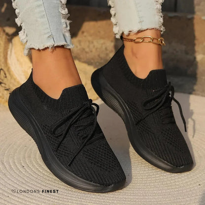 Women's comfort knit lace-up sneakers with sock-like ankle – Black
