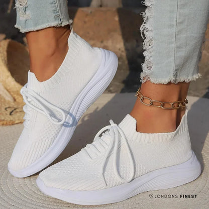 Women's comfort knit lace-up sneakers with sock-like ankle – White