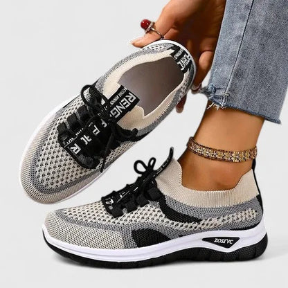 Women's comfort knit-mesh walking sneakers with lace-up striped design