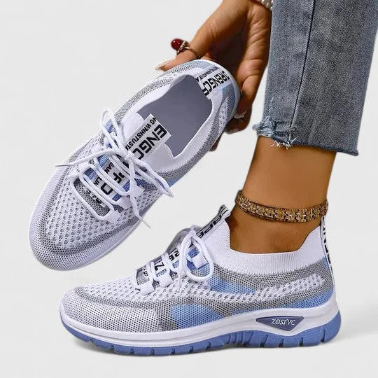 Women's comfort knit-mesh walking sneakers with lace-up striped design