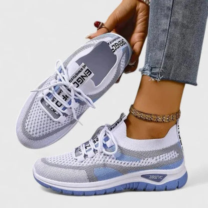 Women's comfort knit-mesh walking sneakers with lace-up striped design