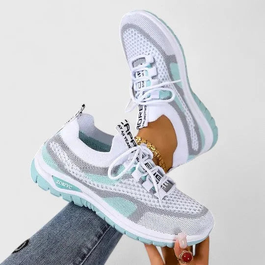 Women's comfort knit-mesh walking sneakers with lace-up striped design