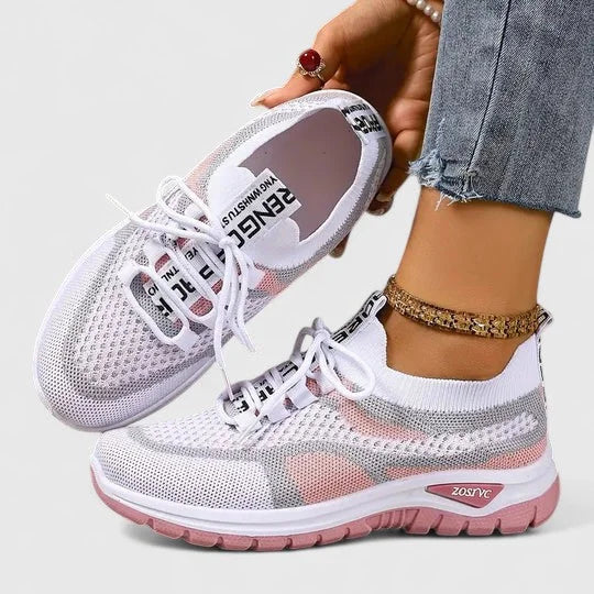 Women's comfort knit-mesh walking sneakers with lace-up striped design