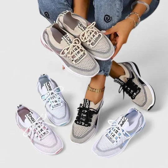 Women's comfort knit-mesh walking sneakers with lace-up striped design