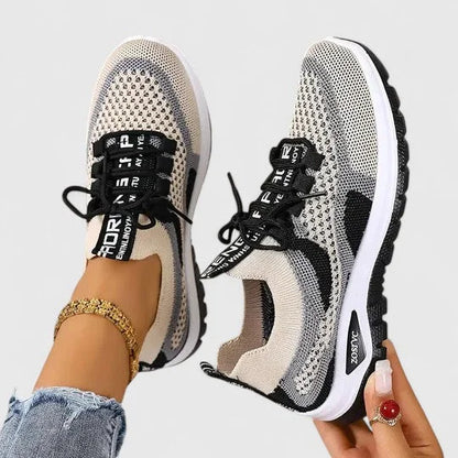 Women's comfort knit-mesh walking sneakers with lace-up striped design – Black