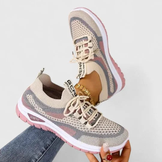 Women's comfort knit-mesh walking sneakers with lace-up striped design