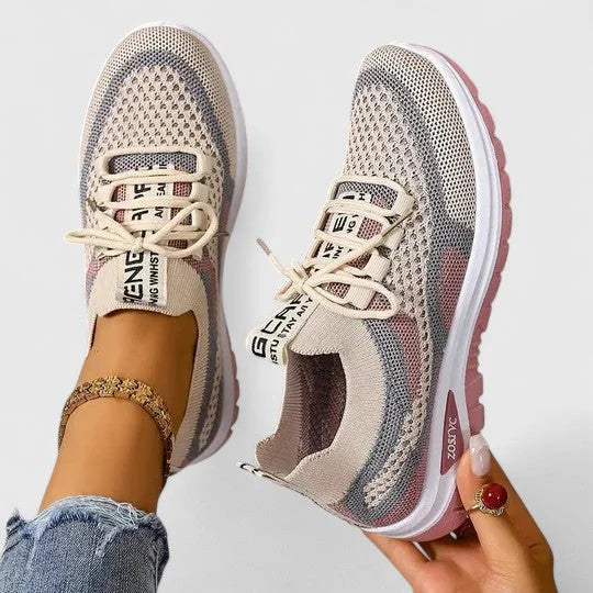 Women's comfort knit-mesh walking sneakers with lace-up striped design – Khaki