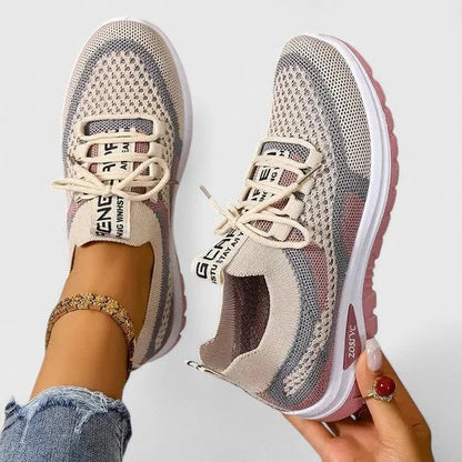 Women's comfort knit-mesh walking sneakers with lace-up striped design – Khaki