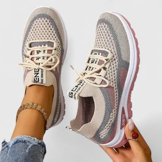 Women's comfort knit-mesh walking sneakers with lace-up striped design – Khaki