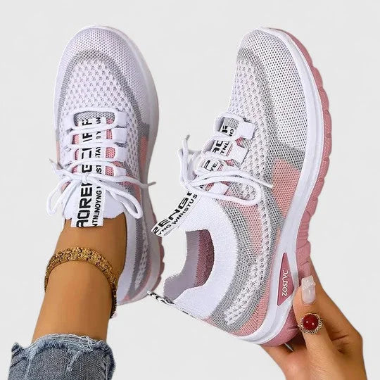 Women's comfort knit-mesh walking sneakers with lace-up striped design – Pink
