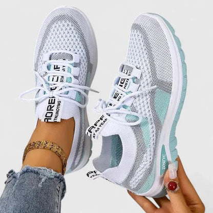 Women's comfort knit-mesh walking sneakers with lace-up striped design – Turquoise
