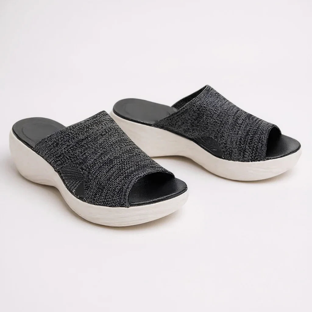 Women's comfort knit slide sandals with open-toe wedge sole – Black