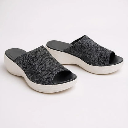 Women's comfort knit slide sandals with open-toe wedge sole – Black