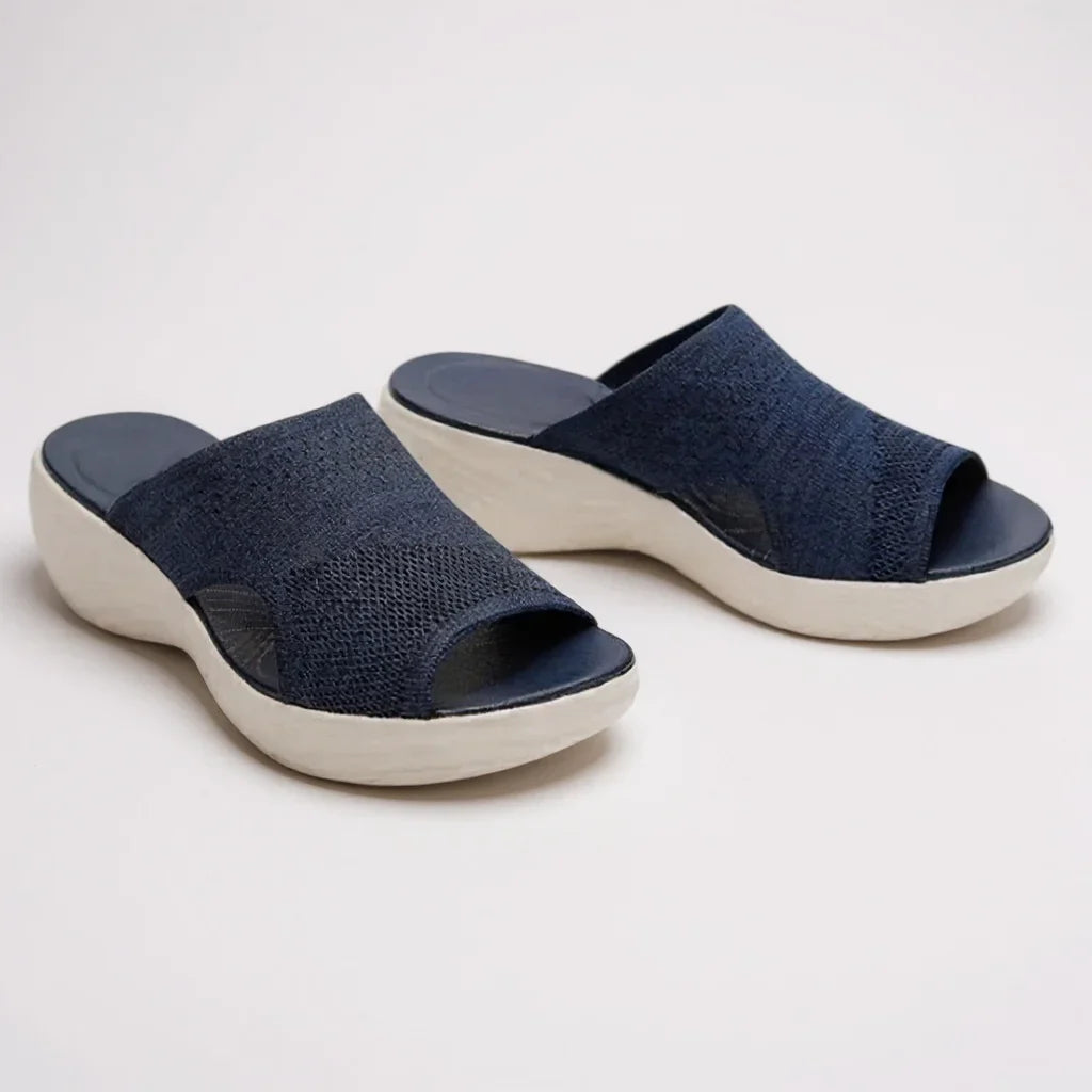 Women's comfort knit slide sandals with open-toe wedge sole – Blue