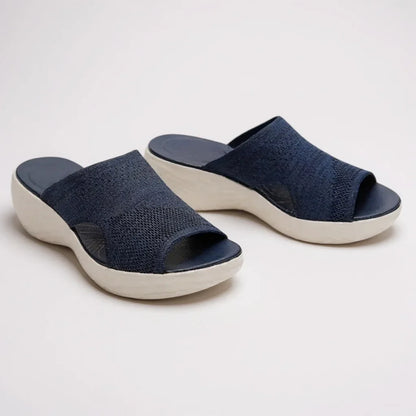 Women's comfort knit slide sandals with open-toe wedge sole – Blue