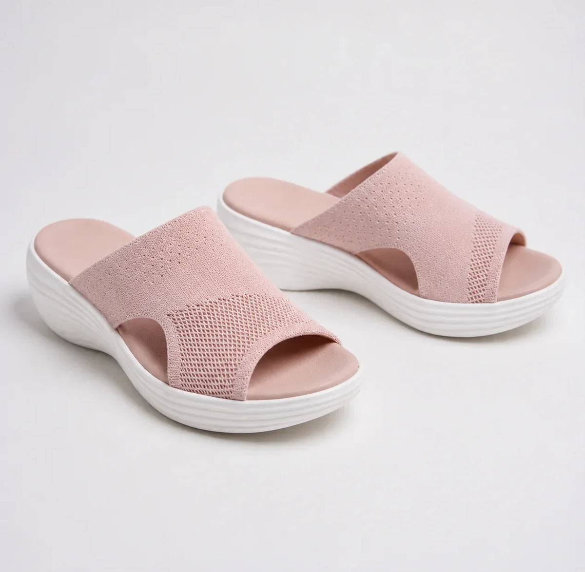 Women's comfort knit slide sandals with open-toe wedge sole – Pink