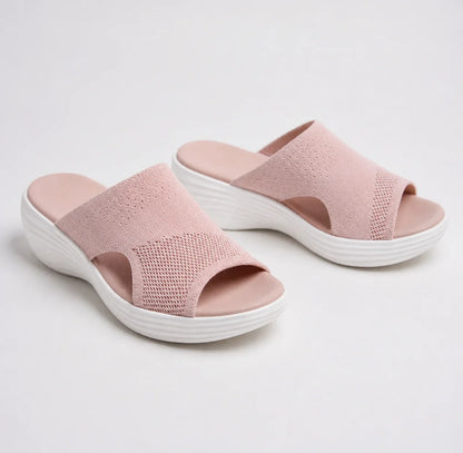 Women's comfort knit slide sandals with open-toe wedge sole – Pink