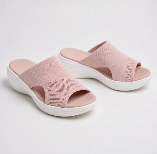 Women's comfort knit slide sandals with open-toe wedge sole – Pink