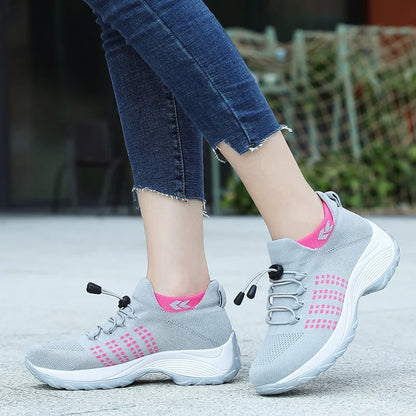 Women's comfort knit slip-on walking shoes with toggle-lace closure