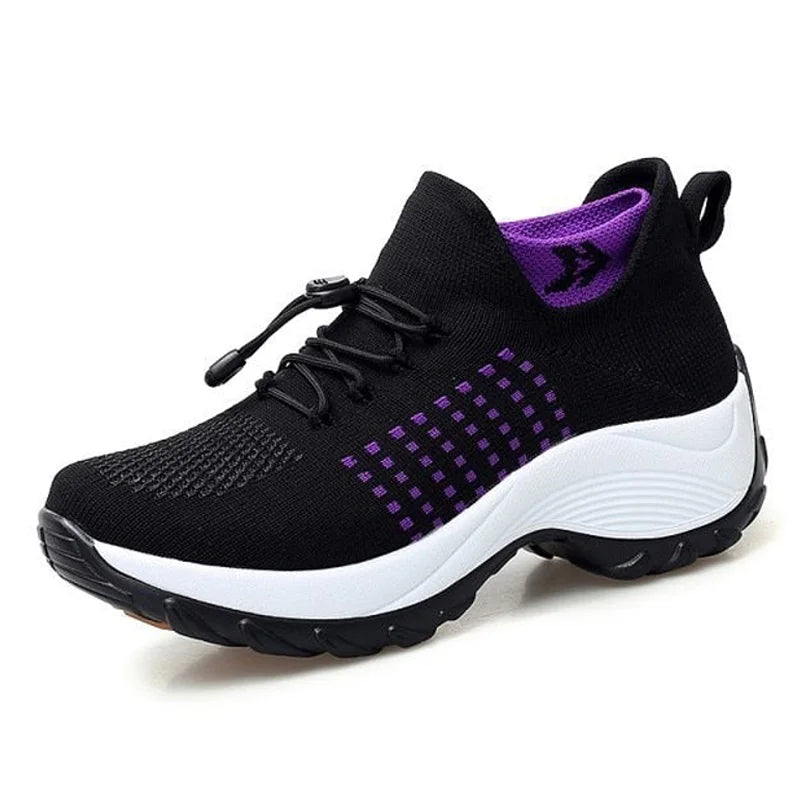 Women's comfort knit slip-on walking shoes with toggle-lace closure – Black Purple