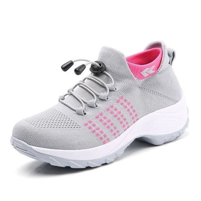 Women's comfort knit slip-on walking shoes with toggle-lace closure – Grey Pink