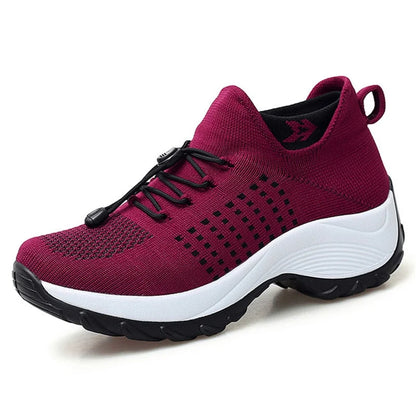 Women's comfort knit slip-on walking shoes with toggle-lace closure – Red