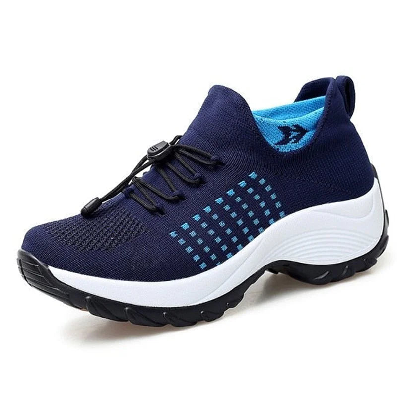Women's comfort knit slip-on walking shoes with toggle-lace closure – White Blue