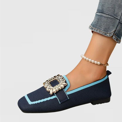 Women's comfort knit square-toe loafers with rhinestone buckle