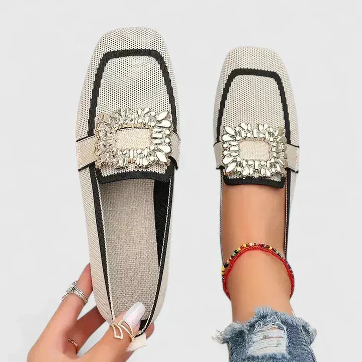 Women's comfort knit square-toe loafers with rhinestone buckle – Beige